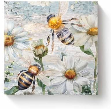 Sunteeny Paint by Number for Adults Beginner Bee Daisy Eucalyptus Floral Plants Rustic Blue Wood Grain DIY Digital Oil Painting by Numbers Picture Drawing On Canvas Framed 16"x16" by Sunteeny