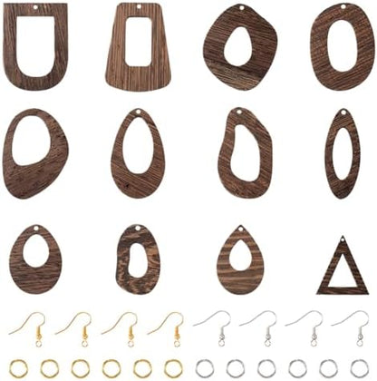 24pcs Wooden Earring Charms Kit Large Natural Wooden Pendants in Teardrop Oval Triangle Horse Eye Shape with Ear Hooks Jump Rings for Boho Earring DIY Jewelry Making by EEEELECRELIVE