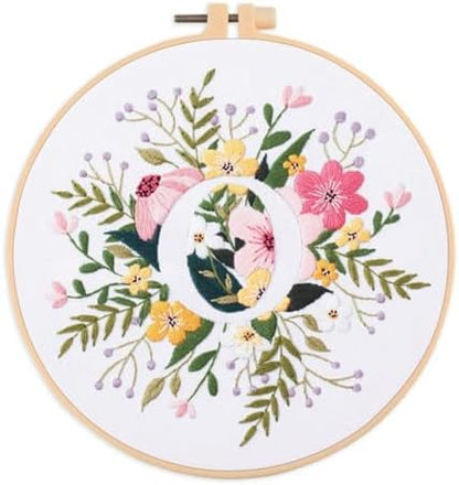 IUHUI Embroidery Kit for Beginners Adults - 26 Floral Letters Easy Patterns, DIY Hand Stitching Embroidery Set with Hoop (Flower and Grass Letter O) by Unknown