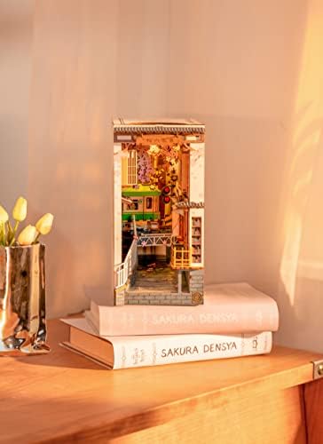 ROBOTIME DIY Book Nook Kit DIY Miniature Dollhouse Booknook Kit 3D Wooden Puzzle with LED Light,Decorative Bookend Bookshelf Insert Decor for Teens and Adults (Sakura Tram) - Image 2