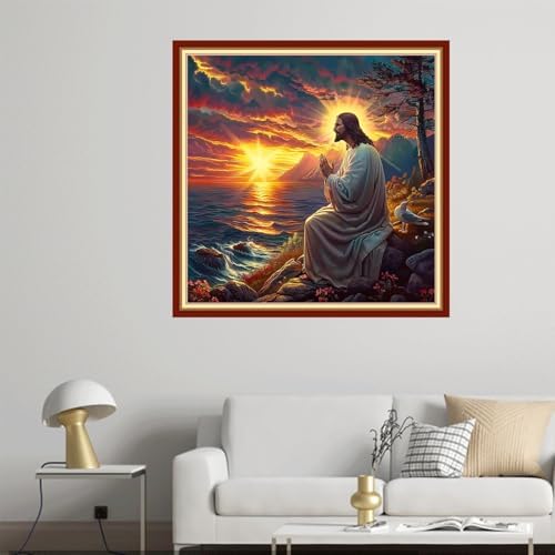 Joyhoor Cross Stitch Kits for Beginners Stamped Cross-Stitch Supplies Needlework preprint Embroidery Kits for Adults DIY Needlepoint Kit Embroidery Patterns 11CT-Prayer of Jesus by Sea 18x18 inch - Image 2