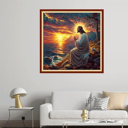 Joyhoor Cross Stitch Kits for Beginners Stamped Cross-Stitch Supplies Needlework preprint Embroidery Kits for Adults DIY Needlepoint Kit Embroidery Patterns 11CT-Prayer of Jesus by Sea 18x18 inch - Image 2