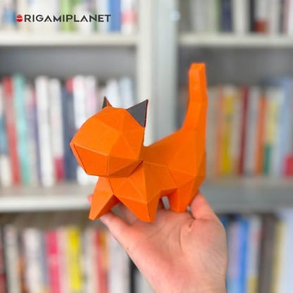 ORIGAMIPLANET 3D Origami Paper Craft Kit, Walk Kitten Cute DIY Pre-Cut Animal Papercraft Model for Beginners, Fun Handmade Home Decoration Gift for Adults & Teens-Orange - Image 2