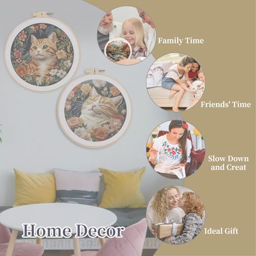 FONNUY 2 Set Embroidery Kit DIY for Adult Beginner, Pre-Stamped Patterns Mountain Sea Embroidery Kits with Hoop, Colored Threads and Needles, Easy to Follow Needlework (Cute Cats) - Image 4