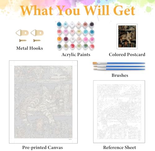 Paint by Numbers Kit for Adults, Sleeping Cat & Bookshelf, 16x20 Inch - Image 5