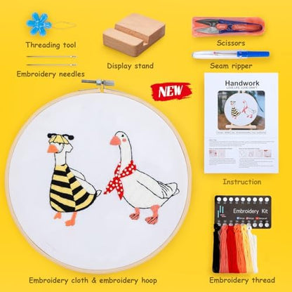 Embroidery Kit for Adult Beginners, Bee Goose Embroidery Kit with Step-by-Step Instructions and Video,Printed Cloth,7.87" Hoop, Display Stand,Color Threads,Threader & Needles for Craft Lover(BED003) - Image 2