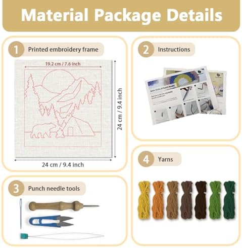 DOODLREAM Camping Bear Needle Kit for Beginner, 9.4"x 9.4" Mountain Tent Punch Stitching Craft Set, DIY Embroidery Starter with Printed Frame, Instruction, Threader, Yarn, Pinch Needle - Image 2