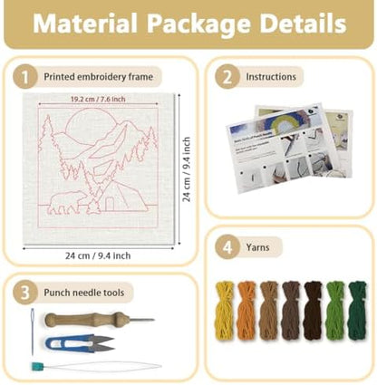 DOODLREAM Camping Bear Needle Kit for Beginner, 9.4"x 9.4" Mountain Tent Punch Stitching Craft Set, DIY Embroidery Starter with Printed Frame, Instruction, Threader, Yarn, Pinch Needle - Image 2