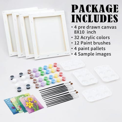 VOCHIC 4 Pack Sip and Paint Kit, Pre Drawn Canvas for Painting for Adults Kids Pre Printed Canvas to Paint Party Supplies Girls Night Games Date Night Art Set Flower Theme 8x10 in - Image 5