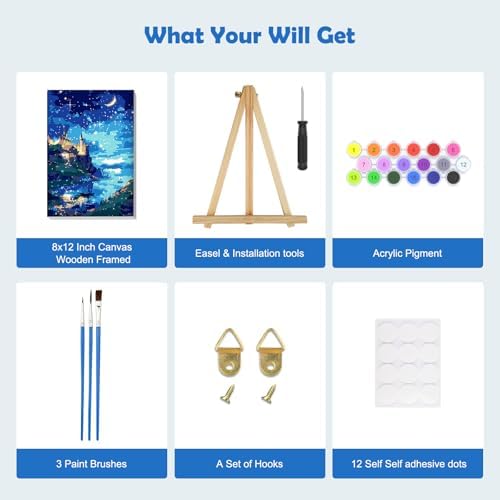 MOGTAA Paint by Numbers Kit for Adults with Frame, Starry Night Paint by Number Canvas, Lake Landscape Paint by Numbers with Easel, DIY Castle Oil Painting Kit for Home Wall Decor 8 x 12 Inch - Image 5