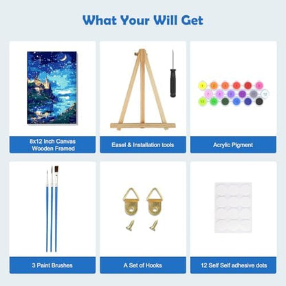 MOGTAA Paint by Numbers Kit for Adults with Frame, Starry Night Paint by Number Canvas, Lake Landscape Paint by Numbers with Easel, DIY Castle Oil Painting Kit for Home Wall Decor 8 x 12 Inch - Image 5
