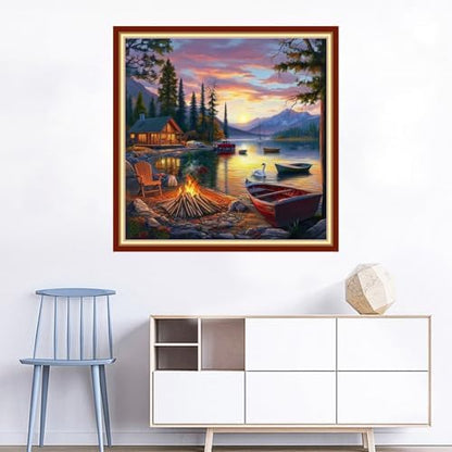Joyhoor Cross Stitch Kits for Beginners Stamped Cross-Stitch Supplies Needlework preprint Embroidery Kits for Adults DIY Needlepoint Kits Embroidery Patterns 11CT-Sunset by the Lake 18x18 inchs - Image 2