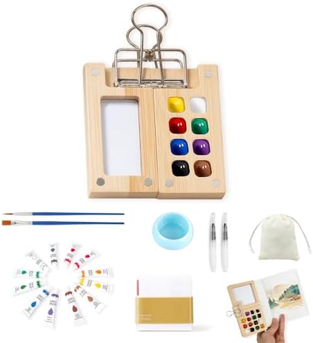 Mini Watercolor Paint Set Bamboo Travel Kit with Watercolor Palette Paintbrush Storage Bag and Water Storage Bottle Ready to Use Watercolor Sets for Artists and Beginners（8 Squares） by Unknown