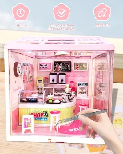 Kisoy DIY Miniature House Kit, Beginner-Friendly Tiny House Model with LED Light, Craft Gift for Home Decor, Teens & Adults（Milk Tea Shop） - Image 5