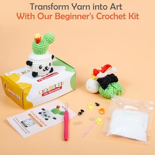 A-URA Learn to Crochet Kit for Beginners Kids and Adults, Premium Pattern Sunflower Beginner Crochet Kits with Easy Tube Yarn & Step-by-Step Video Tutorials (Panda Cactus Crochet Kits) - Image 5