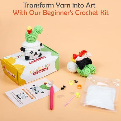 A-URA Learn to Crochet Kit for Beginners Kids and Adults, Premium Pattern Sunflower Beginner Crochet Kits with Easy Tube Yarn & Step-by-Step Video Tutorials (Panda Cactus Crochet Kits) - Image 5