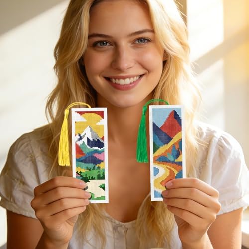 INFUNLY Mountain Cross Stitch Bookmark Kit 10x7.7 Nature Scenery Needlework Bookmark Set River Mountains Cross Stitch Bookmarks Kit DIY Sunset Embroidery Bookmarks Kit for Book Lovers Craft Gift - Image 7