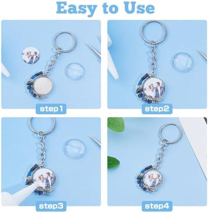 DICOSMETIC 10 Sets Keychain Pendant Tray Moon Rotation Double-Sided Bezel Pendant Trays Cabochon Keychain Kit Blanks Alloy Gemstone Keychains with 20Pcs Glass Cabochons for Photo Resin Jewelry Making - Image 4