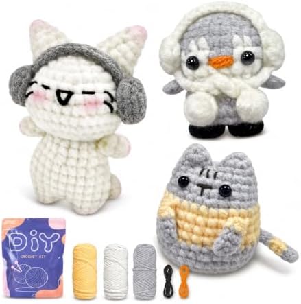 YAMAXIN Animal Crochet Kit for Beginners-3 Pack Rabbit Cat Penguin Easy Learn to Starter Amigurumi Knitting Kit and Yarn Craft Kits for Adults DIY with Step-by-Step Video Tutorials by YAMAXIN