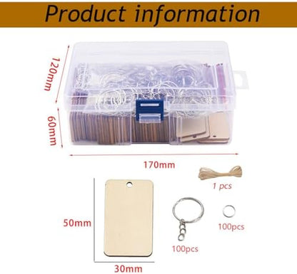 QMTSINEW 100Pcs Blank Rectangle-Shaped Wooden Keychain Set,Unfinished Wood Pieces with Key Rings and Hemp Rope,Personalized Wood Keychain,Key Tags DIY Keychain Supplies for Holiday Craft Projects, Han - Image 2