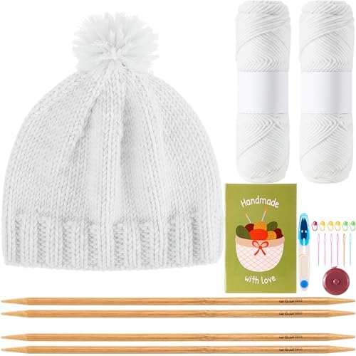 Maasechs Knitting Kits for Beginners Adults Complete Hat Knit Set with Yarn Bamboo Needles Starter Crochet Kit with Full Knitting Crochet Accessories for Women and Men (White) by Unknown