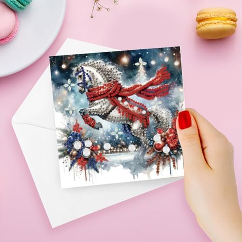 Diamond Art Christmas Cards Kit, 6PCS DIY Diamond Painting Christmas Cards with Envelopes, 5D Diamond Dot Greeting Cards for Adults, Xmas Card for Holiday Crafting Gifts (Christmas Horse) - Image 3