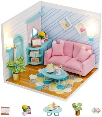 Kisoy Dollhouse Miniature with Furniture Kit, DIY 3D Wooden DIY House Kit A Corner of a Small Apartment Style with Dust Cover & LED, Handmade Tiny House Toys for Adults and Teens Gift（Living Room） by Kisoy