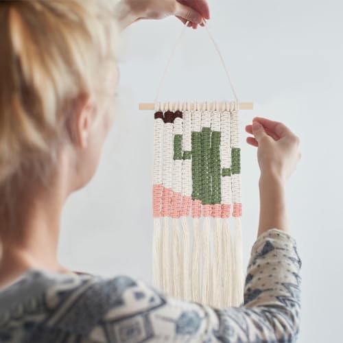 WEBEEDY Macrame Kit for Beginners DIY Macrame Wall Hanging Craft Set Boho Cactus Macrame Tapestry Wall Decor DIY Macrame Cord Kit with 61 Yard Cotton Cord, Wooden Stick and Other Supplies,20x60cm - Image 6
