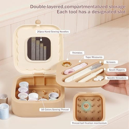 LOTOFUN Small Sewing Kit Box: Cookie Design Portable 2-Layer Organizer Magnetic Needle and Thread Kits Holder Basic Case - Travel Emergency Clothes Repair for Adults (Beige) - Image 5