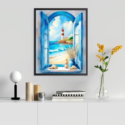 RICUVED Beach Paint by Numbers for Adults, Window View Paint by Numbers Kit for Adults Beginners, Seaside DIY Acrylic Lighthouse Oil Painting on Canvas Easy for Gift Home Wall Decor 16x20 Inch - Image 6