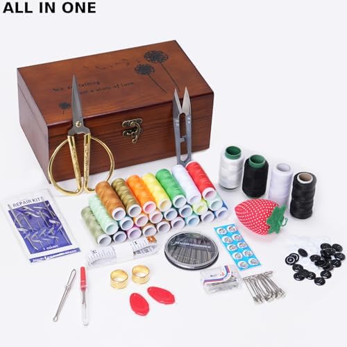 Wooden Sewing Kit Box, Wooden Sewing Box with Sew Kit Accessories - Image 2