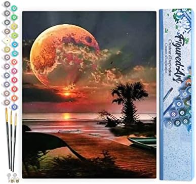Figured'Art Paint by Numbers Kit for Adults Full Moon and Beach Front 16"x20" - Craft Art Painting DIY Kit Rolled Canvas Without Frame by FiguredArt