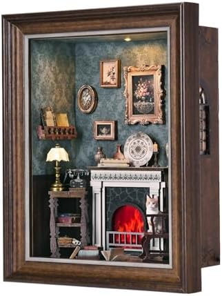 Book Nook Kit - 3D Wooden Puzzle with LED Switch Control & Wall-Mountable Frame,DIY Miniature House for Beginners,Bookshelf/Tabletop/Wall Decor for Craft Lovers,Dollhouse Gift,Fireplace by DROICC