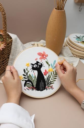 Konrisa 3pcs Embroidery Kits for Beginners Creative Black Cat and Flower Pattern Cross Stitch Practice Kit DIY Sewing Needlepoint, Include 1pcs Hoop - Image 6