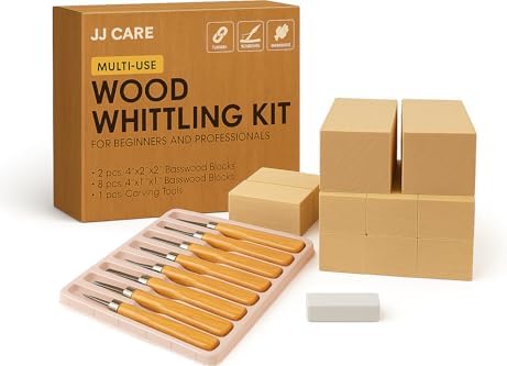 JJ CARE Wood Carving Kit [8 SK7 Carving Knives with Beechwood Handle, 10 Basswood Carving Blocks, Carrying Case, Whittling Book], Beginner Wood Carving Kit by JJCARE