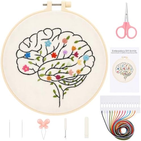 Fanfanwin 1 Set Brain Embroidery Kit for Beginner Floral Brain Cross Stitch Kits Easy Embroidery with Hoop, Needles, Threads, Instruction Threads Tools DIY Craft Art for Mental Health Mindfulness Gift by Fanfanwin