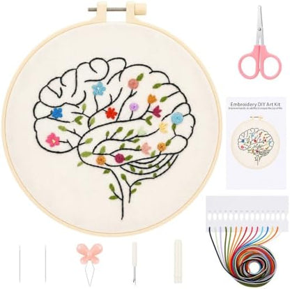 Fanfanwin 1 Set Brain Embroidery Kit for Beginner Floral Brain Cross Stitch Kits Easy Embroidery with Hoop, Needles, Threads, Instruction Threads Tools DIY Craft Art for Mental Health Mindfulness Gift by Fanfanwin