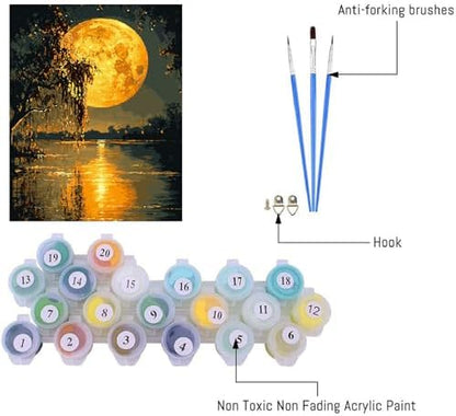 Clendo DIY Moon Paint by Numbers Kit for Adults, Landscape Adult Paint by Number Kits on Canvas Without Frame, Lake View Oil Paint by Numbers for Home Decor Gift 16” W x 20”L - Image 3