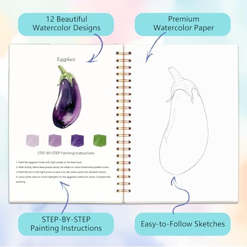 Easy Watercolor Workbook for Beginners - 12 Beautiful Step-by-Step Paintings Water Coloring Book, Includes 18 Colors Paints, Relaxing Art Projects and Creative Gift for Adults & Teen (Vegetables) - Image 3