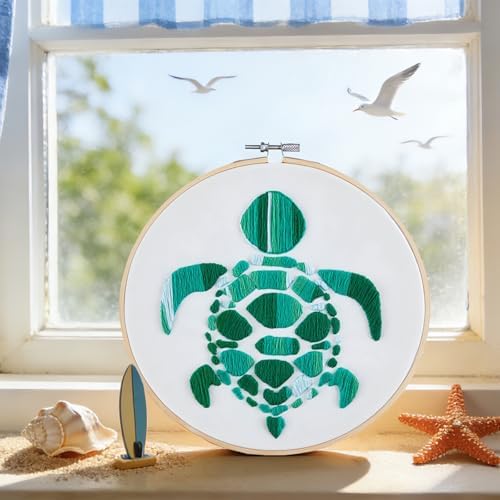 Sea Turtle Embroidery Kits for Beginners Adults, Hand DIY Embroidery Starter Kit, Stamped Cross Stitch Kits for Beginners Adult Craft Kits for Women, Entire Set of Embroidery Supplies & Video Tutorial - Image 2