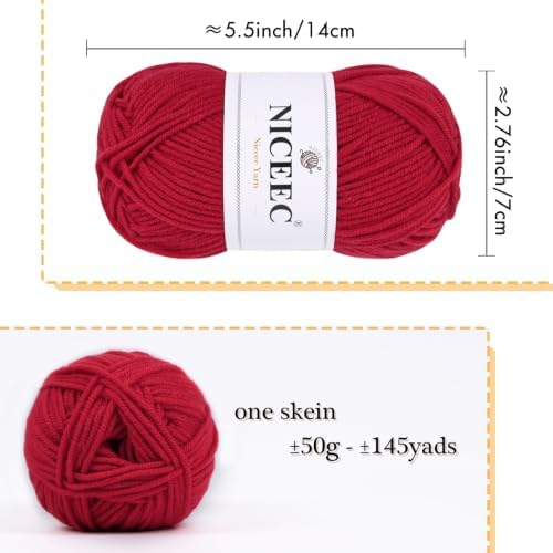 NICEEC 300g Soft Assorted Colors Yarn 100% Acrylic 870yds -Red51# - Image 3