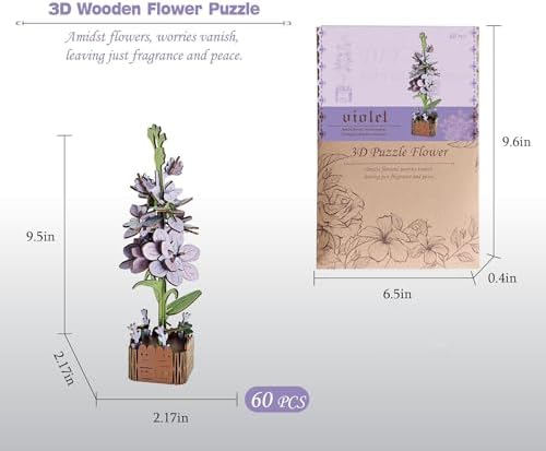 3D Wooden Flower Puzzle Kit for Adults | DIY Botanical Bouquet Building Set with Adjustable Vase | Home Decor & Stress Relief Gift-Violet (60PCS) - Image 2