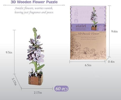 3D Wooden Flower Puzzle Kit for Adults | DIY Botanical Bouquet Building Set with Adjustable Vase | Home Decor & Stress Relief Gift-Violet (60PCS) - Image 2