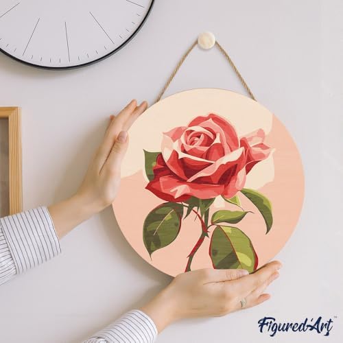 Figured'Art Paint by Numbers Kit for Adults on Wood Slice, 11.8in Diameter - Red Rose - Craft Art Painting DIY Canvas - Image 3