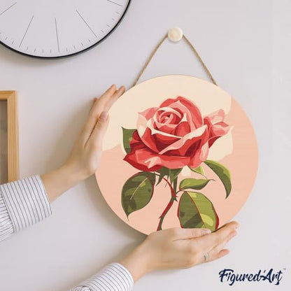 Figured'Art Paint by Numbers Kit for Adults on Wood Slice, 11.8in Diameter - Red Rose - Craft Art Painting DIY Canvas - Image 3