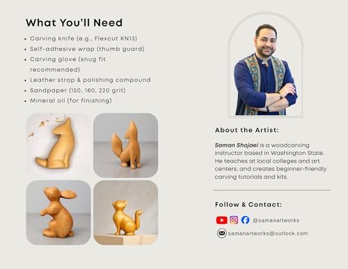 SamanArtworks Wood Carving Kit for Beginners, 4 Pre-Cut Basswood Animal Projects with Step-by-Step YouTube Tutorials, DIY Whittling Craft Kit for Adults & Teens - Image 7