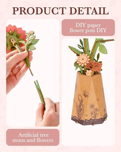 ROBOTIME Pink Dahlia 3D Wooden Puzzle - DIY Flower Craft Kit for Adults, Buildable Artificial Dahlia Model, Valentine's Day Gift for Her, Home Office Decor, Birthday Mother's Day Present - Image 5