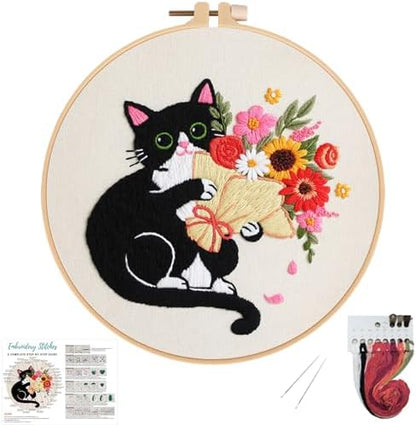 Nuberlic Embroidery Kits for Beginners with Cat and Flower Pattern by Nuberlic