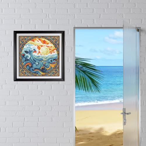 FREEBLOSS 11CT Stamped Cross Stitch Kits Sunrise&Waves Cross Stitch Wall Hanging Kit Complete Embroidery Kits with Instruction for Needlepoint Adults Wall Art Decoration 18 * 18in/45 * 45cm - Image 6