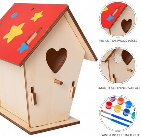 DIY Wooden House Craft Kit with Paints & Brushes, Pre-Cut Basswood Assembly Project for Home Decor, 5.9 x 4.7 x 7.1 Inches - Image 6